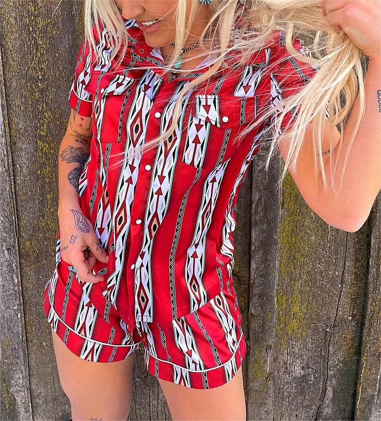 Casual  Western Stripe Print  Short Sleeves Pajama Set